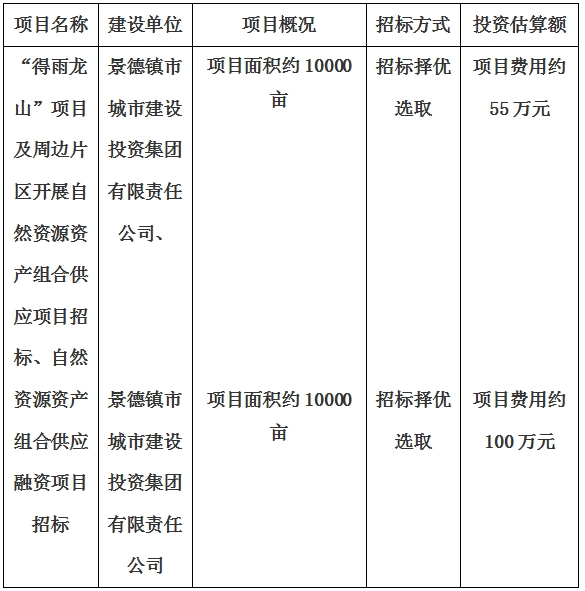 景德鎮(zhèn)市“得雨龍山”項目及周邊片區(qū)開展自然資源資產組合供應項目、自然資源資產組合供應融資項目招標計劃公告